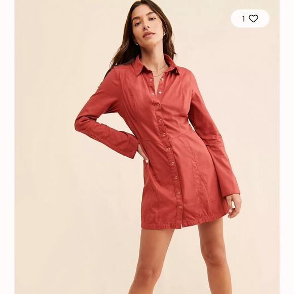 Free People Red Thea Button-Front Long Sleeve Dress NWT Size X-Small - Picture 1 of 15